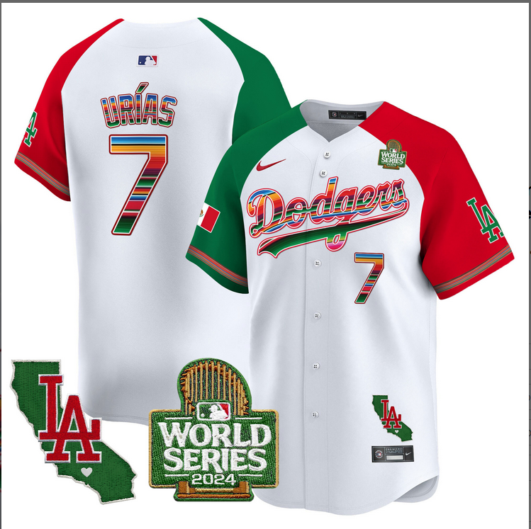 Men MLB Mexico Los Angeles Dodgers #7 Urias white 2024 World Series Champions Patch Jersey 2024110->los angeles dodgers->MLB Jersey